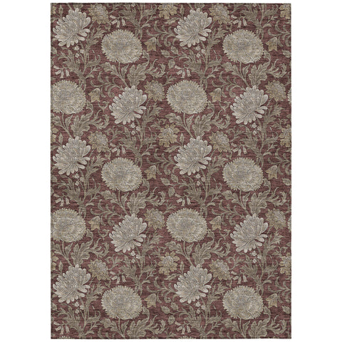 5' X 8' Merlot Taupe And Beige Floral Washable Indoor Outdoor Area Rug