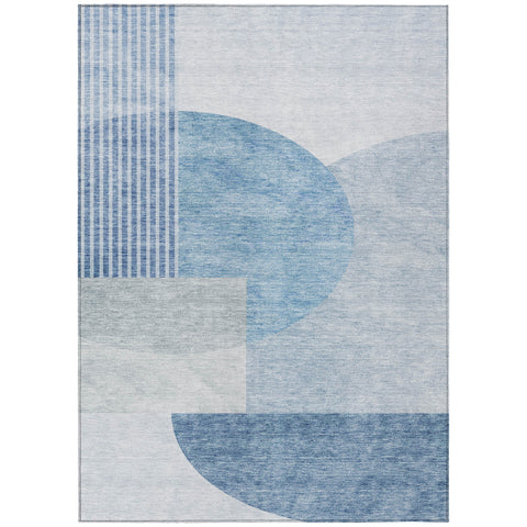 5' X 8' Navy Blue And Sky Blue Geometric Washable Indoor Outdoor Area Rug