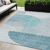 5' X 8' Teal Blue And Silver Geometric Washable Indoor Outdoor Area Rug