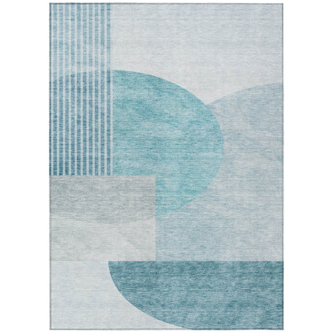 8' X 10' Teal Blue And Silver Geometric Washable Indoor Outdoor Area Rug