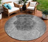 8' Gray Charcoal And Silver Round Geometric Washable Indoor Outdoor Area Rug