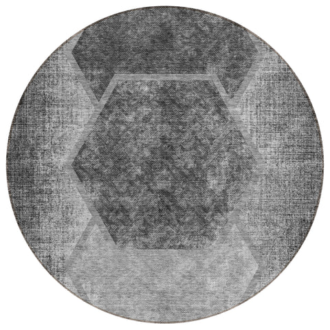8' Gray Charcoal And Silver Round Geometric Washable Indoor Outdoor Area Rug