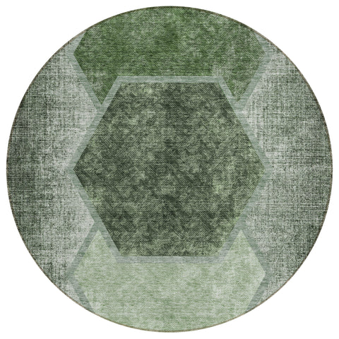 8' Olive Green And Artichoke Green Round Geometric Washable Indoor Outdoor Area Rug