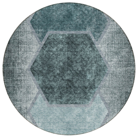 8' Teal Blue Aqua And Ivory Round Geometric Washable Indoor Outdoor Area Rug