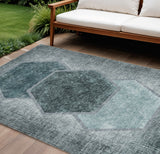 8' X 10' Teal Blue Aqua And Ivory Geometric Washable Indoor Outdoor Area Rug