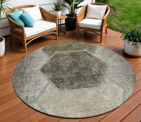 8' Taupe Beige And Chocolate Round Geometric Washable Indoor Outdoor Area Rug