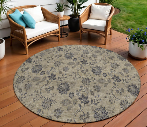 8' Brown Beige And Chocolate Round Floral Washable Indoor Outdoor Area Rug