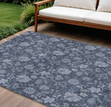 8' X 10' Denim Blue And Navy Blue Floral Washable Indoor Outdoor Area Rug
