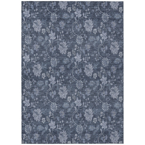8' X 10' Denim Blue And Navy Blue Floral Washable Indoor Outdoor Area Rug