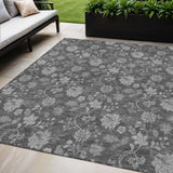 5' X 8' Gray Charcoal And Silver Floral Washable Indoor Outdoor Area Rug