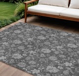 8' X 10' Gray Charcoal And Silver Floral Washable Indoor Outdoor Area Rug