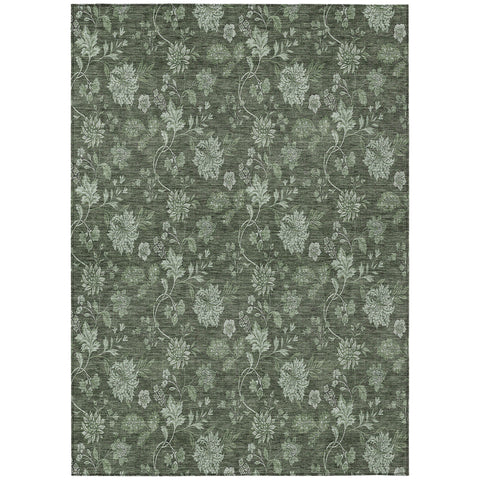 5' X 8' Olive Green And Artichoke Green Floral Washable Indoor Outdoor Area Rug