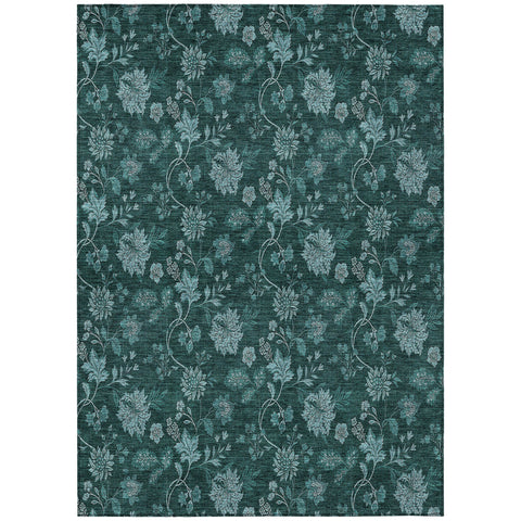 8' X 10' Teal Blue And Aqua Floral Washable Indoor Outdoor Area Rug