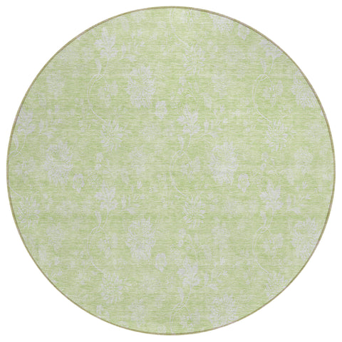 8' Artichoke Green Mint Green And Ivory Round Floral Washable Indoor Outdoor Area Rug