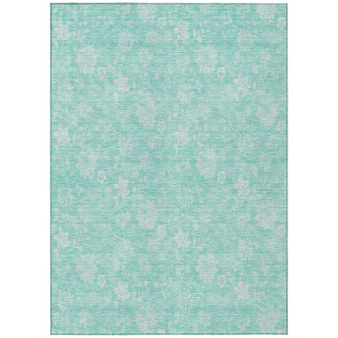 8' X 10' Aqua And Ivory Floral Washable Indoor Outdoor Area Rug