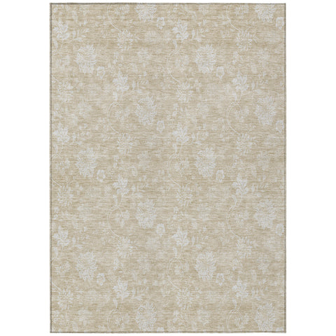 8' X 10' Beige Tan And Ivory Floral Washable Indoor Outdoor Area Rug