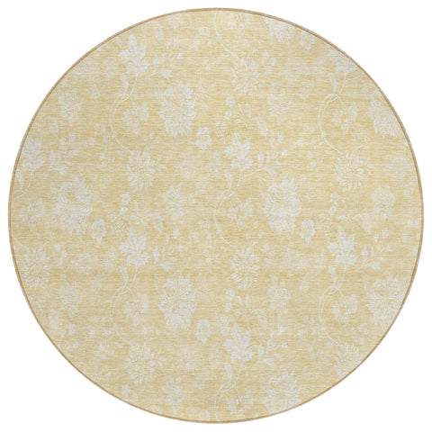 8' Yellow Wheat And Ivory Round Floral Washable Indoor Outdoor Area Rug