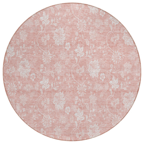 8' Pink Ivory And Blush Round Floral Washable Indoor Outdoor Area Rug