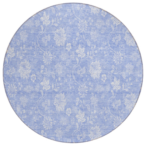 8' Sky Blue Denim Blue And Ivory Round Floral Washable Indoor Outdoor Area Rug