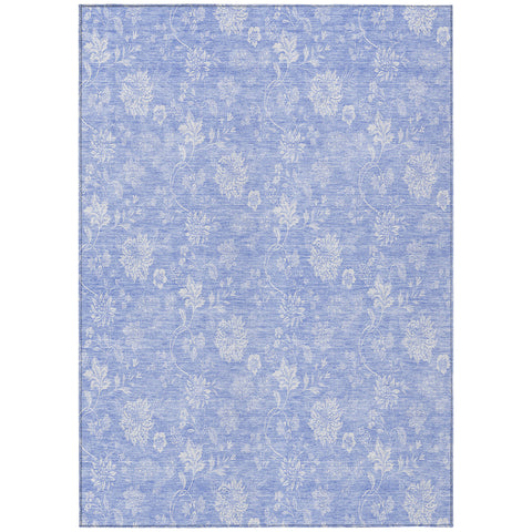 8' X 10' Sky Blue Denim Blue And Ivory Floral Washable Indoor Outdoor Area Rug