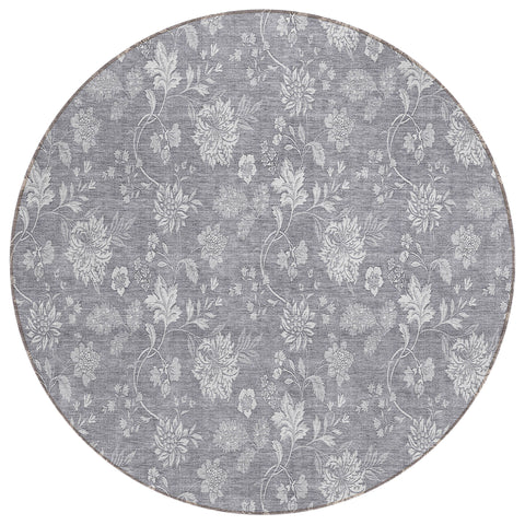 8' Gray Silver And Ivory Round Floral Washable Indoor Outdoor Area Rug