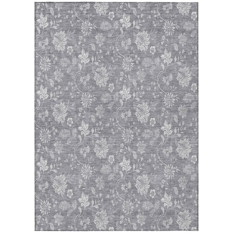 8' X 10' Gray Silver And Ivory Floral Washable Indoor Outdoor Area Rug