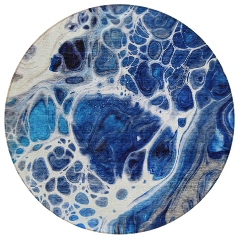 8' Navy Blue And Gray Round Nautical Washable Indoor Outdoor Area Rug