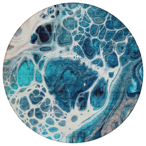 8' Teal Blue And Navy Blue Round Nautical Washable Indoor Outdoor Area Rug