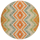 8' Beige Orange And Red Round Geometric Washable Indoor Outdoor Area Rug