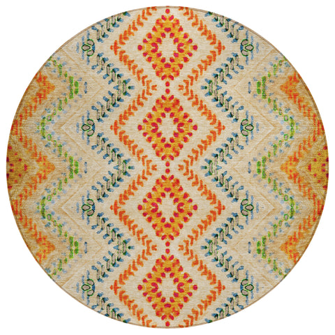 8' Beige Orange And Red Round Geometric Washable Indoor Outdoor Area Rug