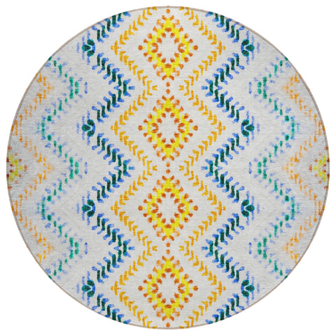 8' Ivory Blue And Purple Round Geometric Washable Indoor Outdoor Area Rug