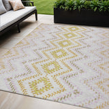 5' X 8' Pearl Ivory And Artichoke Green Geometric Washable Indoor Outdoor Area Rug