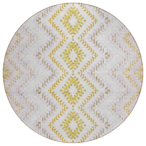 8' Pearl Ivory And Artichoke Green Round Geometric Washable Indoor Outdoor Area Rug