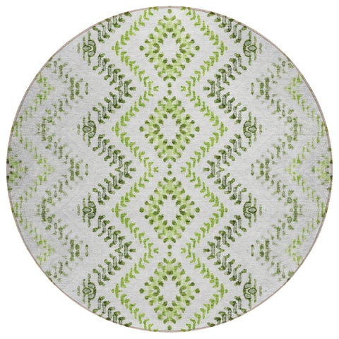8' Green Ivory And Gray Round Geometric Washable Indoor Outdoor Area Rug