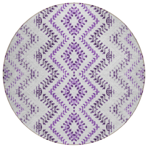 8' Purple Eggplant And Lavender Round Geometric Washable Indoor Outdoor Area Rug