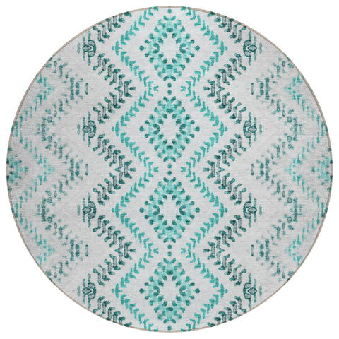 8' Teal Blue Aqua And Gray Round Geometric Washable Indoor Outdoor Area Rug
