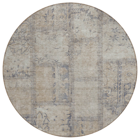 8' Beige Taupe And Brown Round Patchwork Washable Indoor Outdoor Area Rug