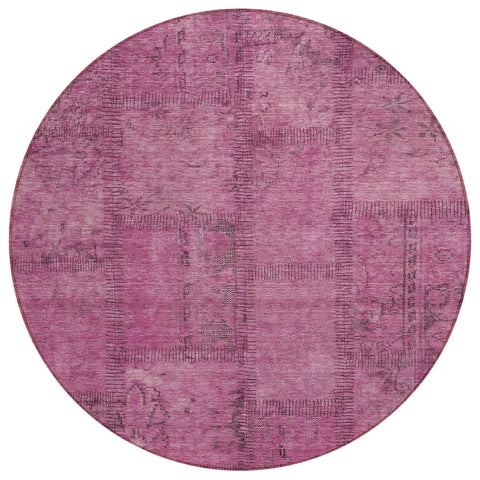 8' Blush Pink And Mauve Round Patchwork Washable Indoor Outdoor Area Rug