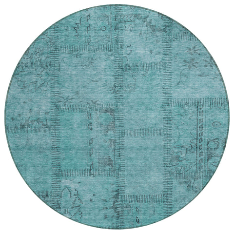 8' Teal Blue And Aqua Round Patchwork Washable Indoor Outdoor Area Rug