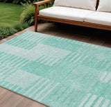 8' X 10' Teal Blue Aqua And Ivory Striped Washable Indoor Outdoor Area Rug