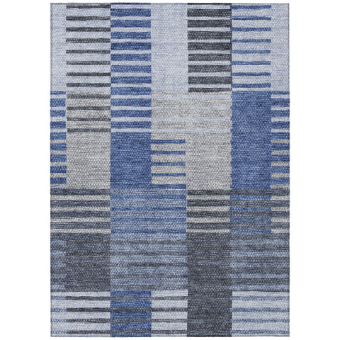 5' X 8' Denim Blue And Navy Blue Striped Washable Indoor Outdoor Area Rug