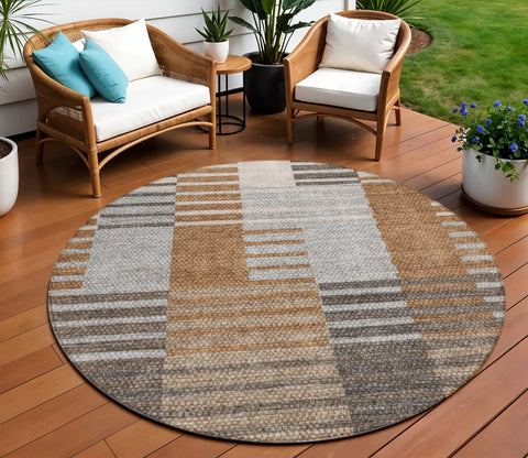 8' Chocolate And Gray Round Striped Washable Indoor Outdoor Area Rug