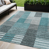5' X 8' Teal Blue Aqua And Gray Striped Washable Indoor Outdoor Area Rug