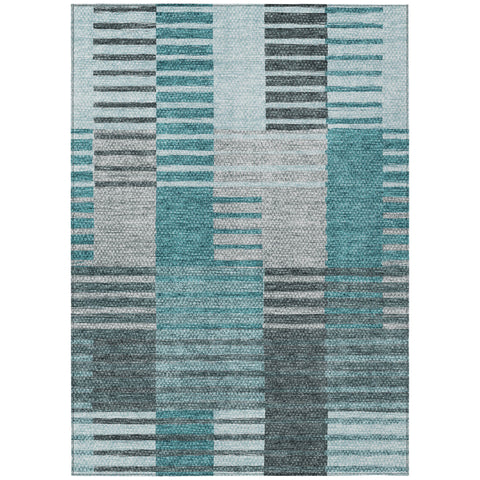 8' X 10' Teal Blue Aqua And Gray Striped Washable Indoor Outdoor Area Rug