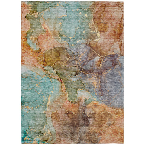 5' X 8' Copper Orange And Teal Blue Abstract Washable Indoor Outdoor Area Rug