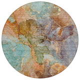 8' Copper Orange And Teal Blue Round Abstract Washable Indoor Outdoor Area Rug