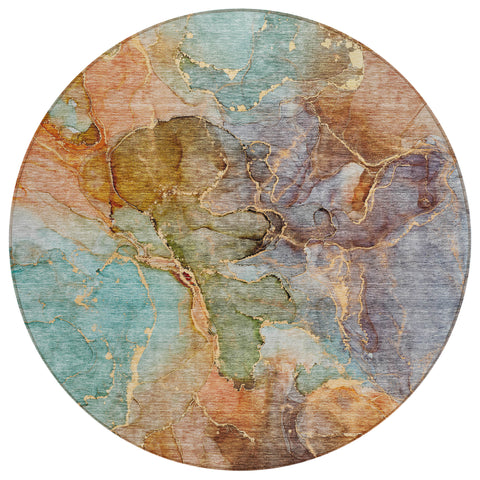 8' Copper Orange And Teal Blue Round Abstract Washable Indoor Outdoor Area Rug