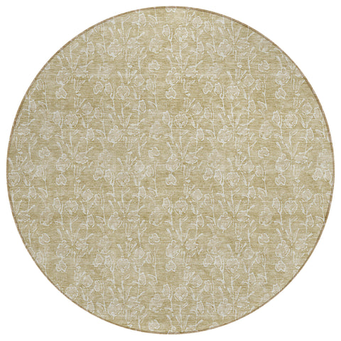 8' Beige And Ivory Round Floral Washable Indoor Outdoor Area Rug
