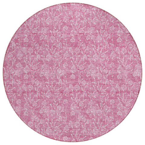8' Blush And Ivory Round Floral Washable Indoor Outdoor Area Rug
