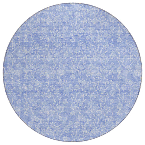8' Denim Blue And Ivory Round Floral Washable Indoor Outdoor Area Rug
